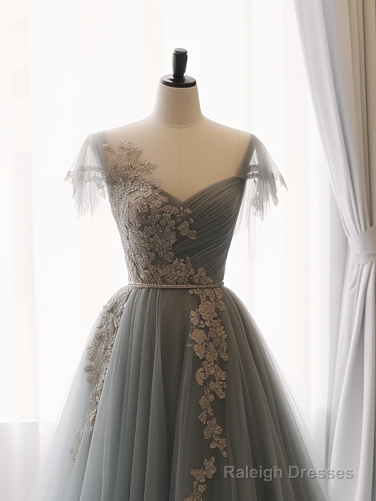 A-Line Sweetheart Neck Tulle Lace Gray Blue Prom Dresses Long Prom Dresses Elegant Secondary image