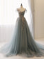 A-Line Sweetheart Neck Tulle Lace Gray Blue Long Prom Dress Formal Dress Elegant