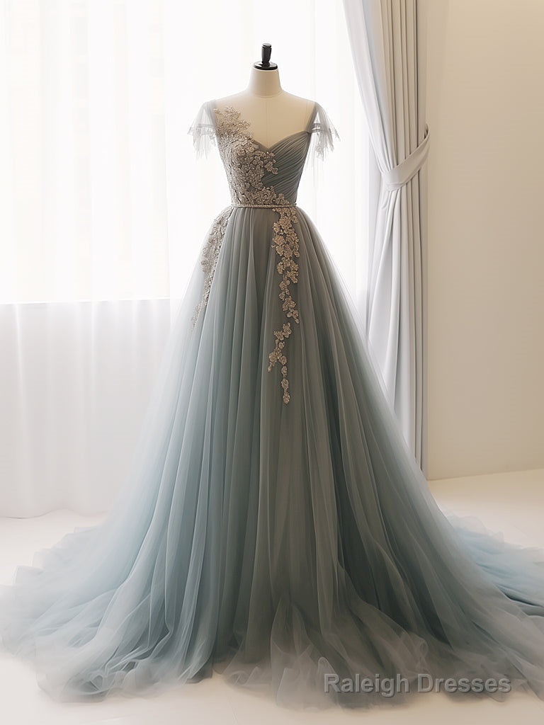 A-Line Sweetheart Neck Tulle Lace Gray Blue Prom Dresses Long Prom Dresses Elegant Main image