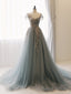 A-Line Sweetheart Neck Tulle Lace Gray Blue Prom Dresses Long Prom Dresses Elegant