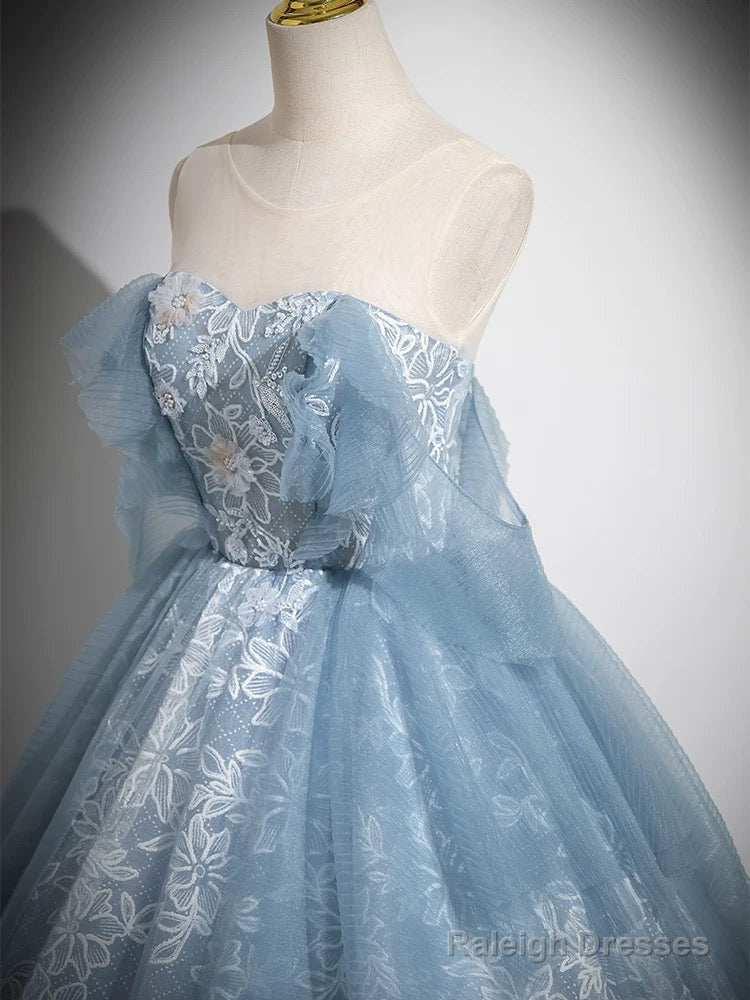 A-Line Sweetheart Neck Tulle Lace Gray Blue Long Prom Dress, Gray Blue Evening Dress