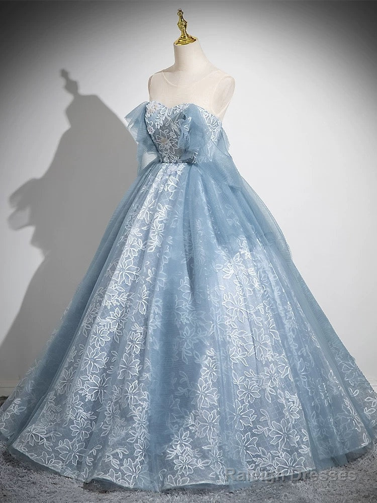 A-Line Sweetheart Neck Tulle Lace Gray Blue Long Prom Dresses Gray Blue Prom Dresses