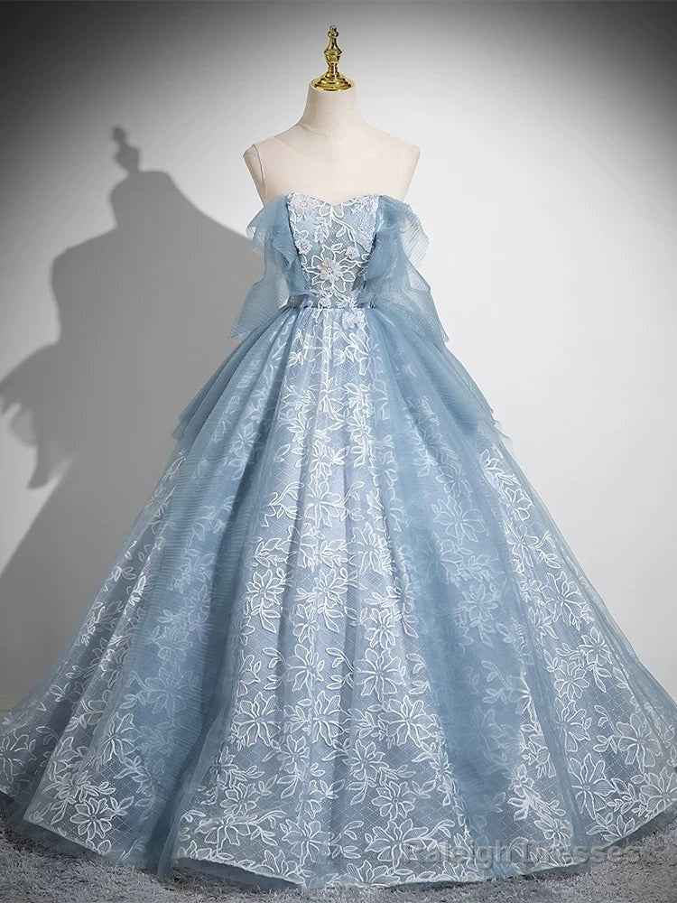 A-Line Sweetheart Neck Tulle Lace Gray Blue Long Prom Dresses Gray Blue Prom Dresses