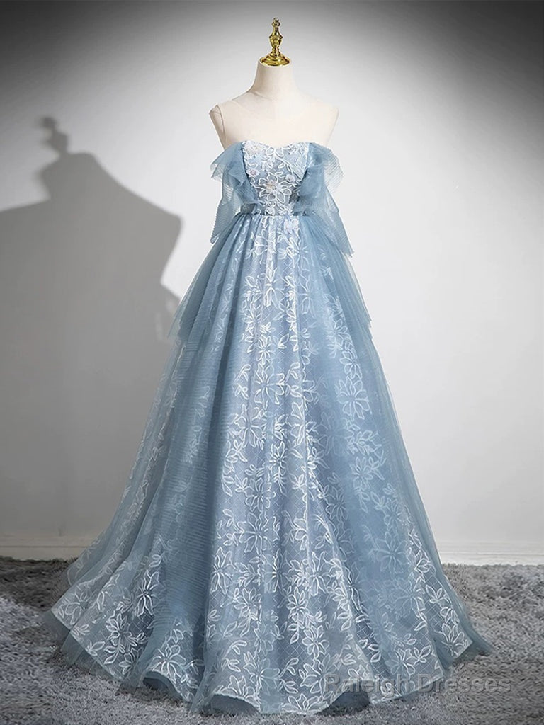 A-Line Sweetheart Neck Tulle Lace Gray Blue Long Prom Dresses Gray Blue Prom Dresses
