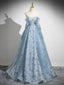 A-Line Sweetheart Neck Tulle Lace Gray Blue Long Prom Dresses Gray Blue Prom Dresses