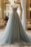 A-Line Sweetheart Neck Tulle Lace Gray Blue Long Prom Dress, Gray Blue Formal Dress