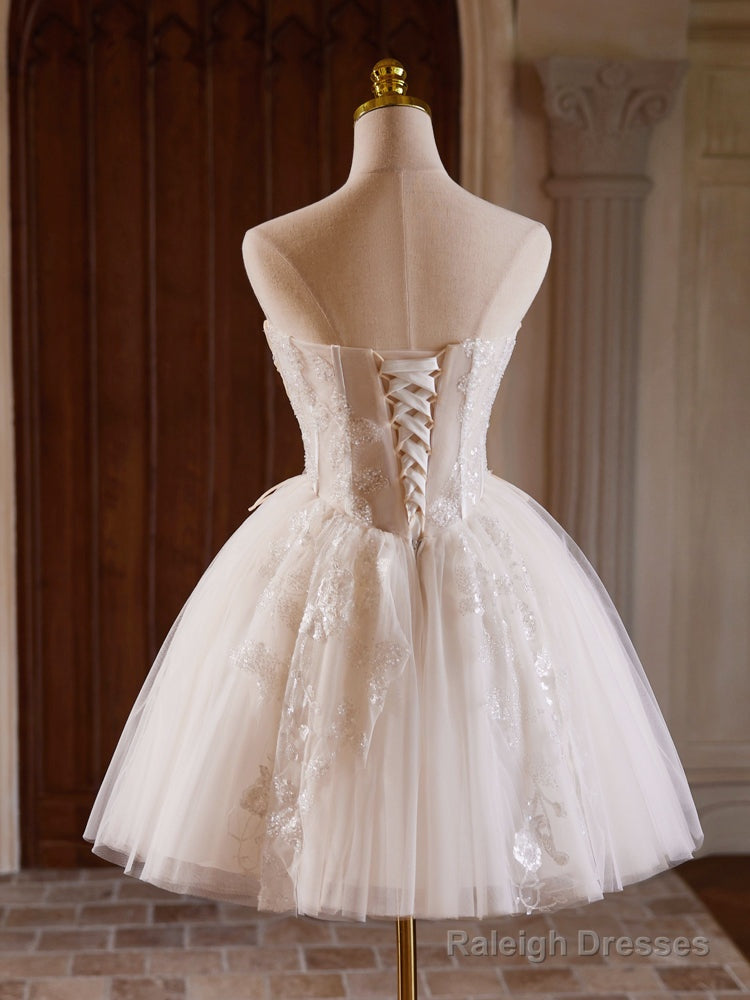 A-Line Sweetheart Neck Tulle Lace Light Champagne Short Prom Dresses Secondary image
