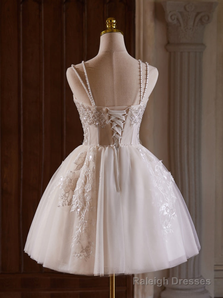 A-Line Sweetheart Neck Tulle Lace Light Champagne Short Prom Dress With Beads Secondary image