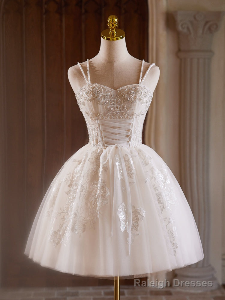 A-Line Sweetheart Neck Tulle Lace Light Champagne Short Prom Dress With Beads Main image