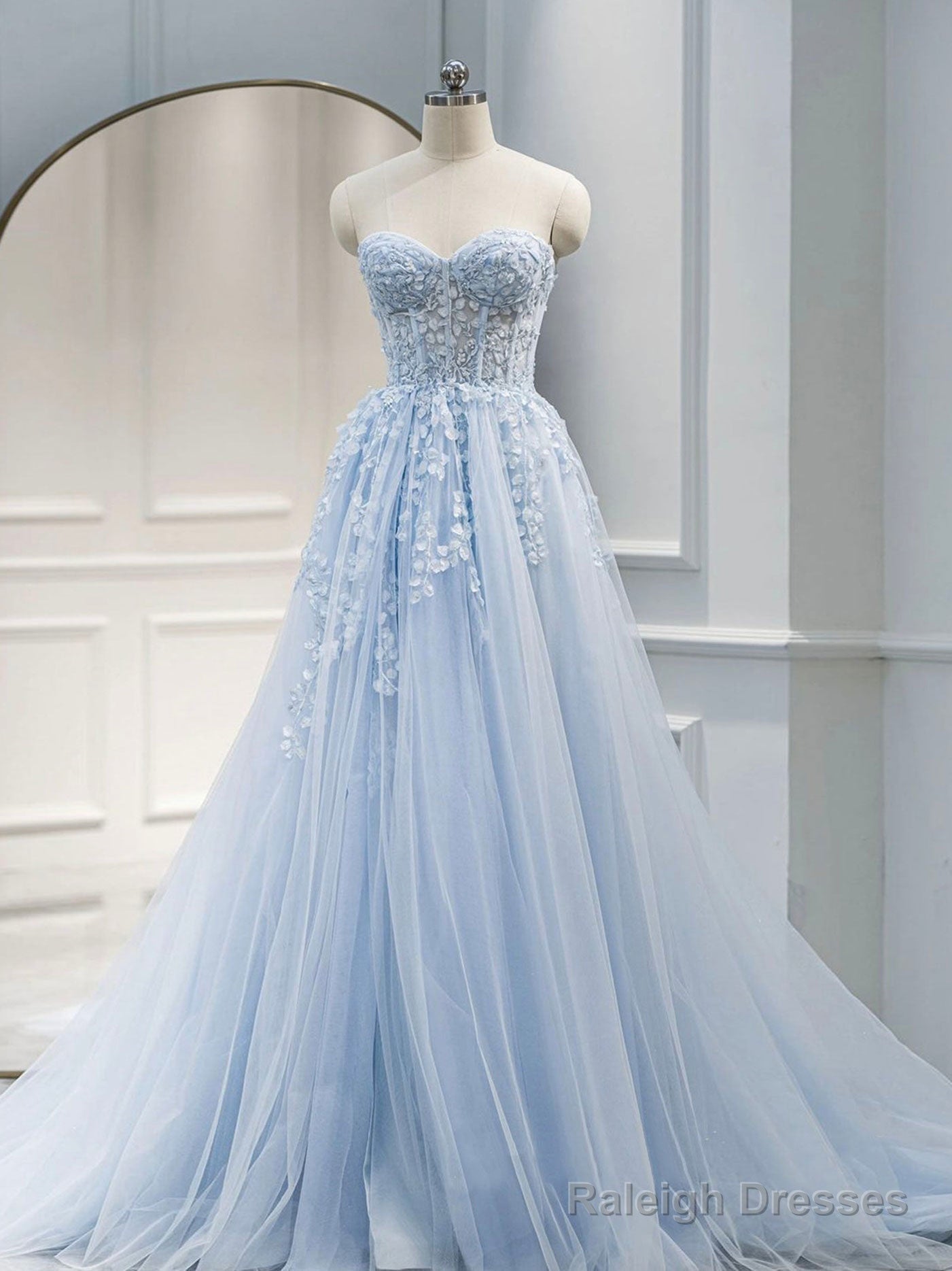 A-Line Sweetheart Neck Tulle Lace Long Blue Prom Dress Lace Prom Graduation Dress Main image