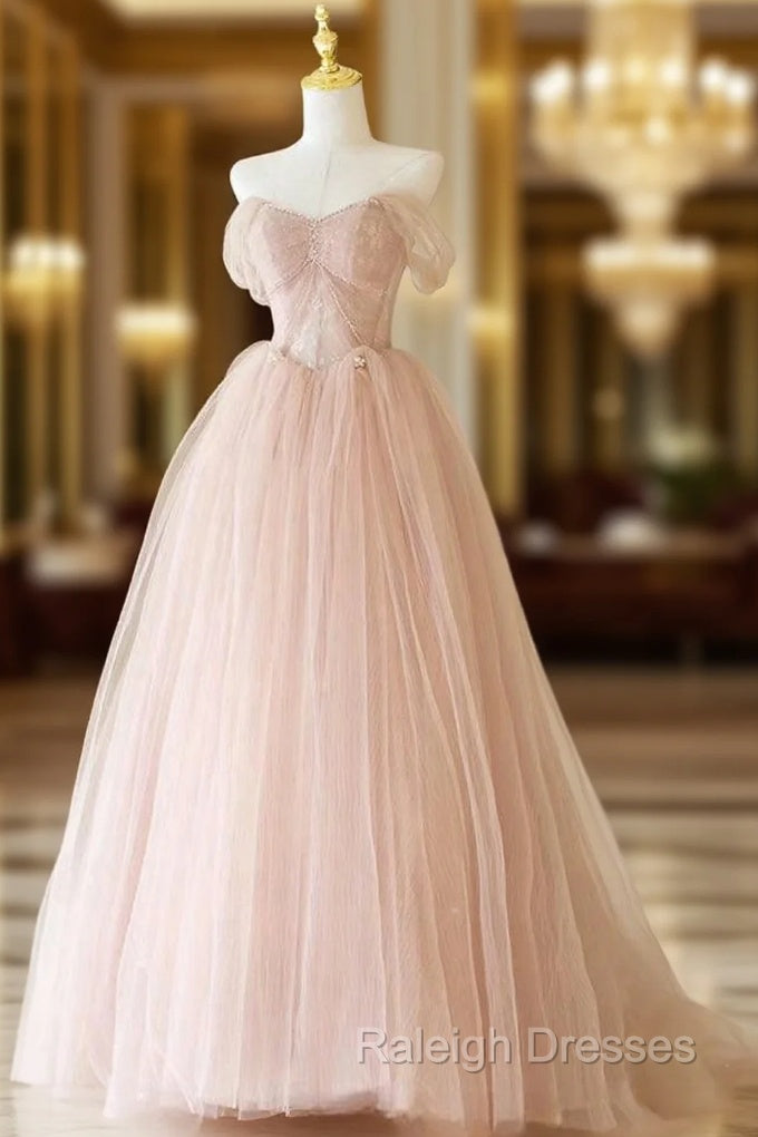 A-Line Sweetheart Neck Tulle Lace Long Pink Prom Dress, Pink Party Dress with Beads