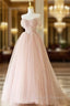 A-Line Sweetheart Neck Tulle Lace Long Pink Prom Dress, Pink Party Dress with Beads