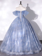 A-Line Sweetheart Neck Tulle Lace Long Prom Dress, Blue Sweet 16 Dress