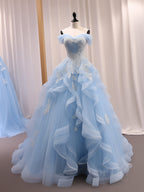 A-Line Sweetheart Neck Tulle Lace Off Shoulder Blue Long Formal Prom Dress
