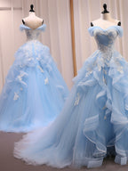 A-Line Sweetheart Neck Tulle Lace Off Shoulder Blue Long Formal Prom Dress