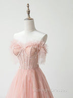 A Line Sweetheart Neck Tulle Lace Pink Long Prom Dresses Pink Prom Dresses