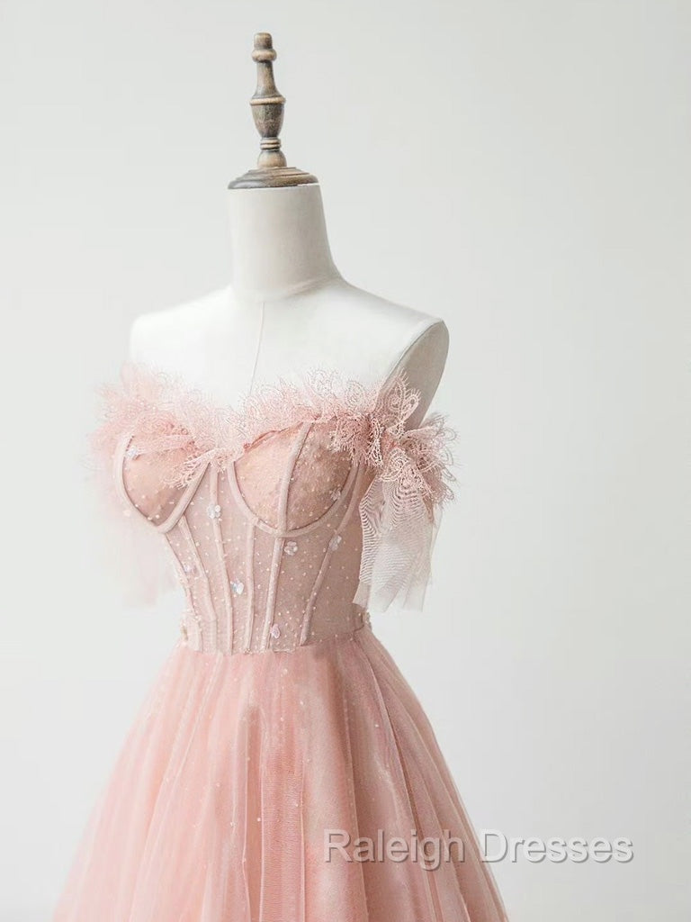 A Line Sweetheart Neck Tulle Lace Pink Long Prom Dresses Pink Prom Dresses