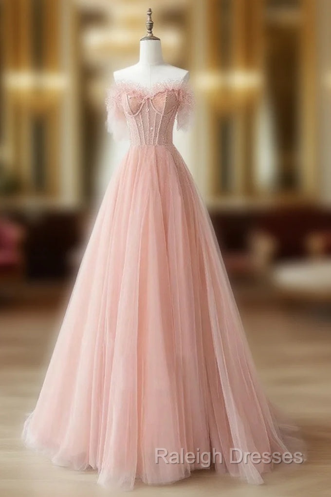 A Line Sweetheart Neck Tulle Lace Pink Long Prom Dresses Pink Prom Dresses Main image