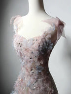 A-Line Sweetheart Neck Tulle Lace Pink Long Formal Prom Dress, Pink Long Formal Dress