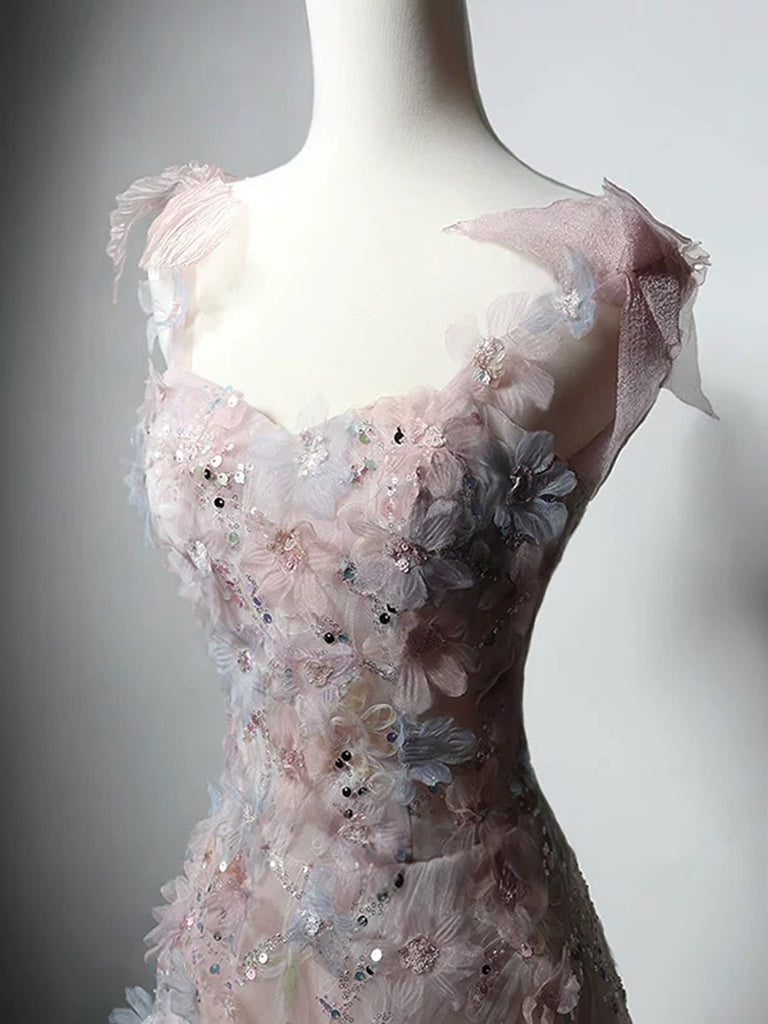A-Line Sweetheart Neck Tulle Lace Pink Long Formal Prom Dress, Pink Long Formal Dress