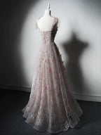 A-Line Sweetheart Neck Tulle Lace Pink Long Formal Prom Dress, Pink Long Formal Dress