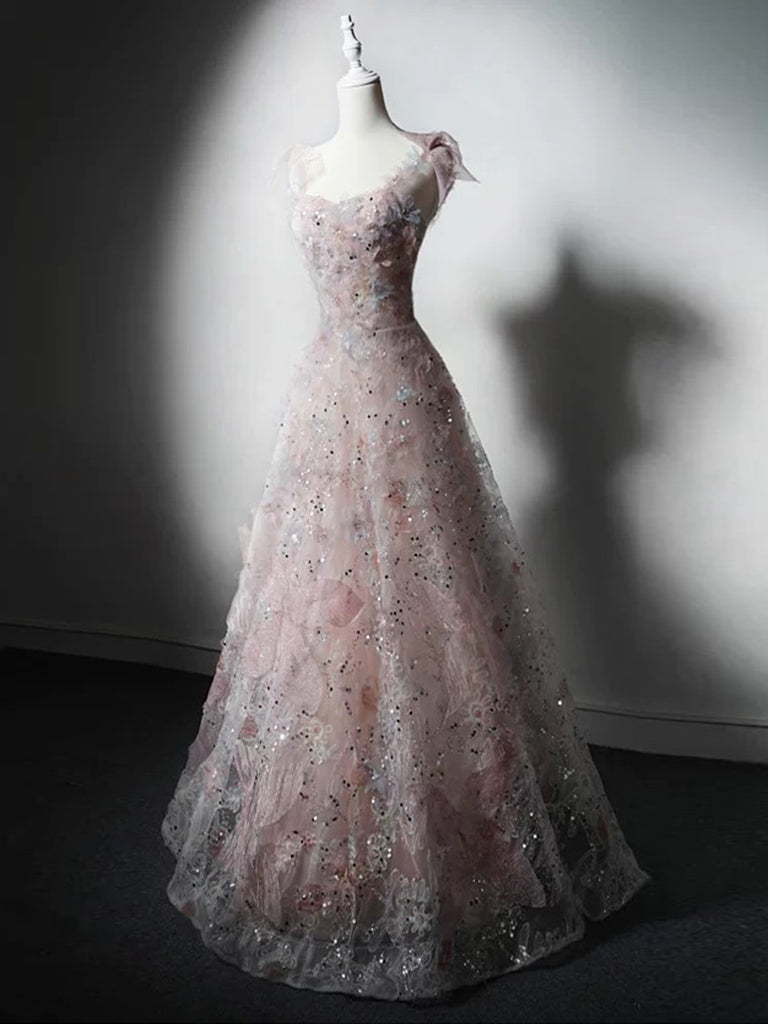A-Line Sweetheart Neck Tulle Lace Pink Long Formal Prom Dress, Pink Long Formal Dress