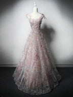 A-Line Sweetheart Neck Tulle Lace Pink Long Formal Prom Dress, Pink Long Formal Dress