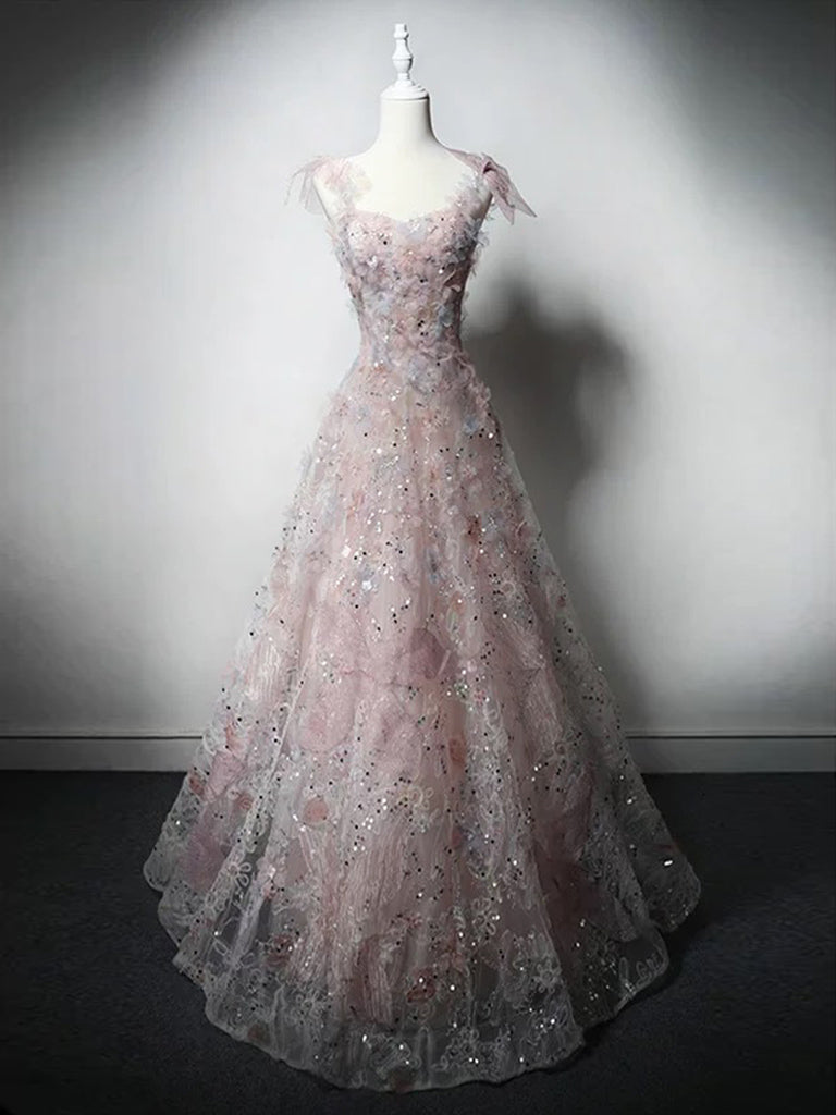 A-Line Sweetheart Neck Tulle Lace Pink Long Formal Prom Dress, Pink Long Formal Dress