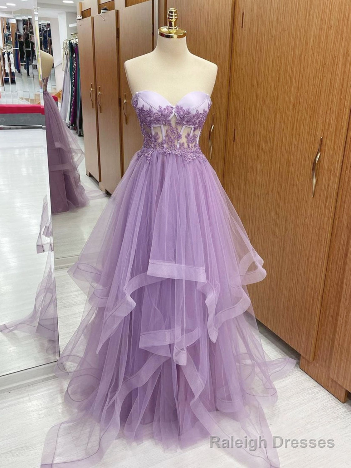 A-Line Sweetheart Neck Tulle Lace Purple Long Prom Dress, Purple Evening Dress Main image