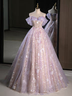A-Line Sweetheart Neck Tulle Lace Purple Long Formal Prom Dress, Purple Long Formal Dress