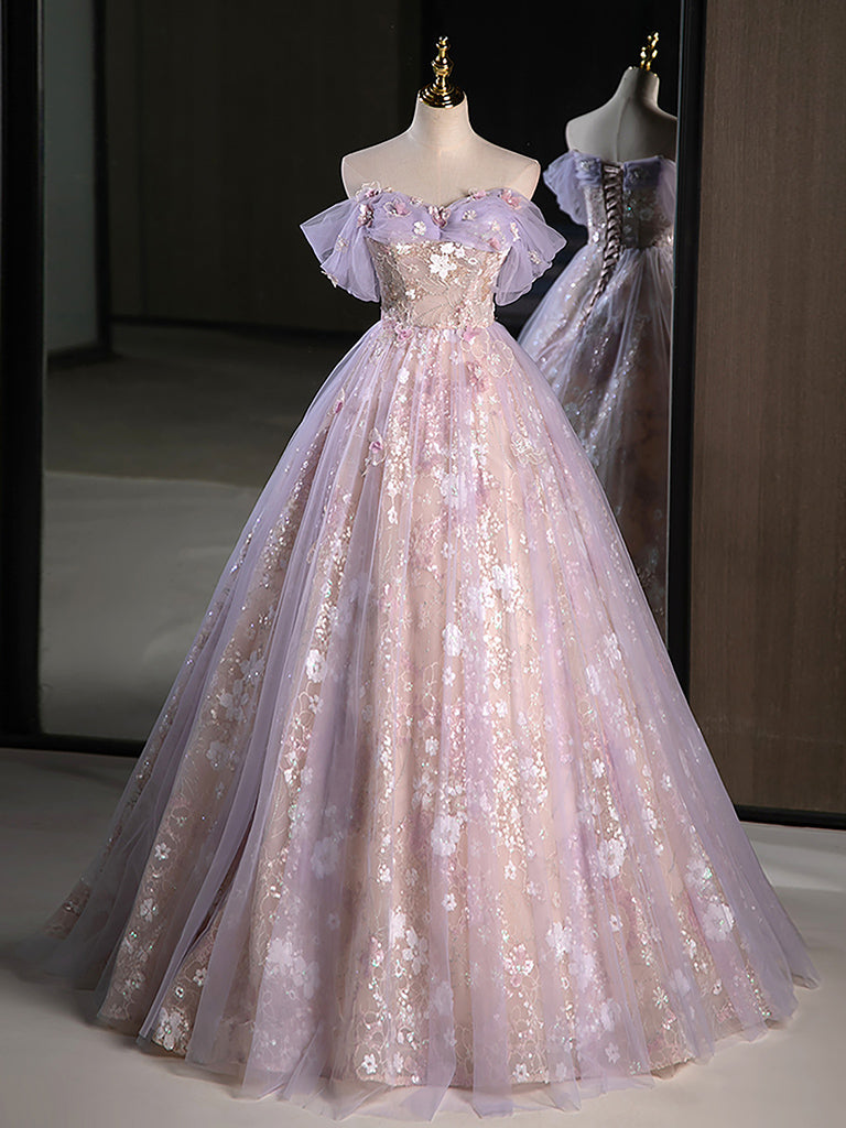 A-Line Sweetheart Neck Tulle Lace Purple Long Formal Prom Dress, Purple Long Formal Dress