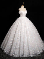 A-Line Sweetheart Neck Tulle Lace White Long Prom Dresses White Lace Prom Dresses