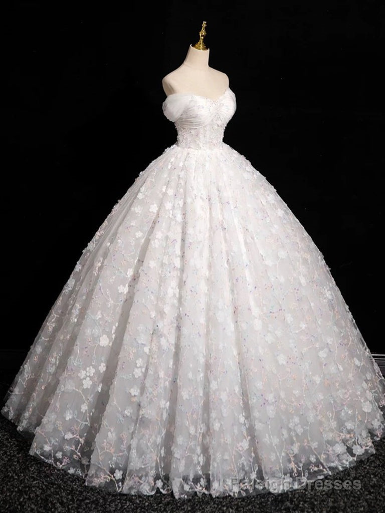 A-Line Sweetheart Neck Tulle Lace White Long Prom Dresses White Lace Prom Dresses
