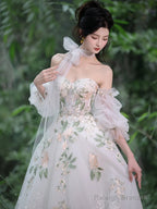 A-Line Sweetheart Neck Tulle Lace White Long Prom Dress, White Long Formal Dress