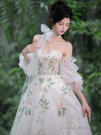 A-Line Sweetheart Neck Tulle Lace White Long Prom Dresses White Long Prom Dresses