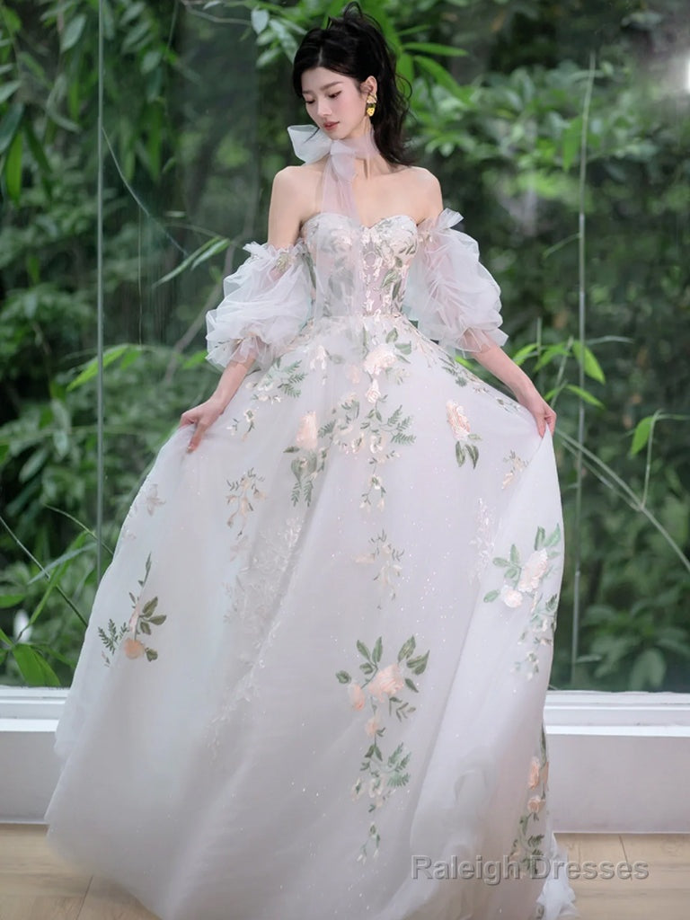 A-Line Sweetheart Neck Tulle Lace White Long Prom Dresses White Long Prom Dresses Main image