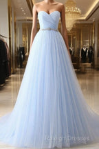 A-Line Sweetheart Neck Tulle Light Sky Blue Long Prom Dress