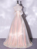 A Line Sweetheart Neck Tulle Pink Prom Dresses Off Shoulder Pink Prom Dresses