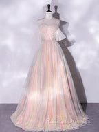 A Line Sweetheart Neck Tulle Pink Prom Dresses Off Shoulder Pink Prom Dresses