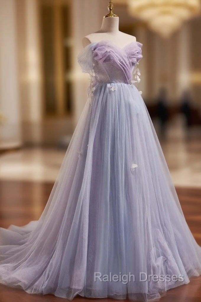 A-Line Sweetheart Neck Tulle Purple Long Prom Dress, Purple Formal Dress Main image
