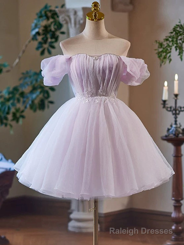 A-Line Sweetheart Neck Tulle Purple Short Prom Dress, Purple Homecoming Dress Main image