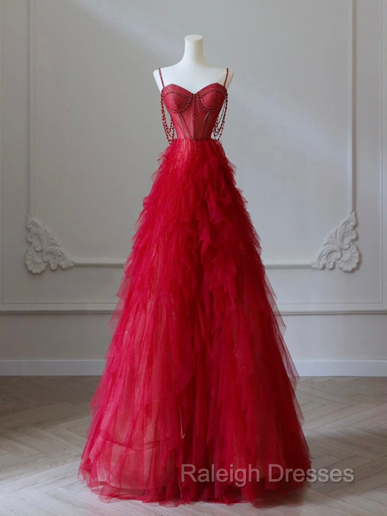 A-Line Sweetheart Neck Tulle Red Long Prom Dress, Red Long Graduation Dress with Beads Secondary image
