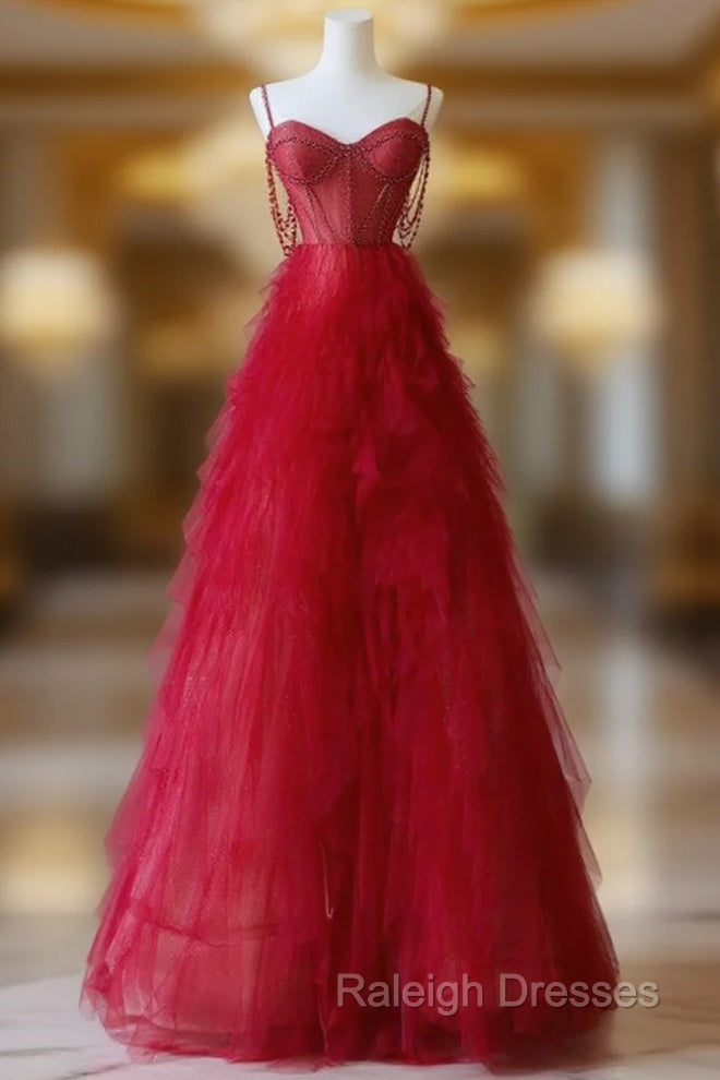A-Line Sweetheart Neck Tulle Red Long Prom Dress, Red Long Graduation Dress with Beads Main image