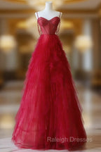 A-Line Sweetheart Neck Tulle Red Long Prom Dress, Red Long Graduation Dress with Beads