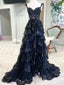 A-Line Sweetheart Neck Tulle Sequin Black Long Formal Prom Dress, Black Formal Dress