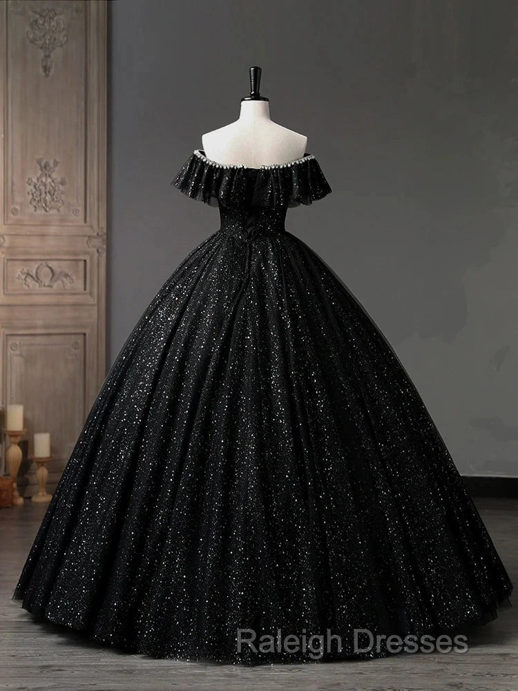 A-Line Sweetheart Neck Tulle Sequin Black Long Prom Dress, Black Long Formal Dress Secondary image