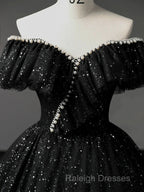 A-Line Sweetheart Neck Tulle Sequin Black Long Prom Dress, Black Long Formal Dress