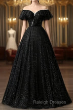 A-Line Sweetheart Neck Tulle Sequin Black Long Prom Dress, Black Long Formal Dress