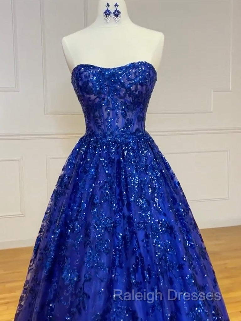 A-Line Sweetheart Neck Tulle Sequin Blue Long Prom Dress, Blue Long Formal Dress Secondary image