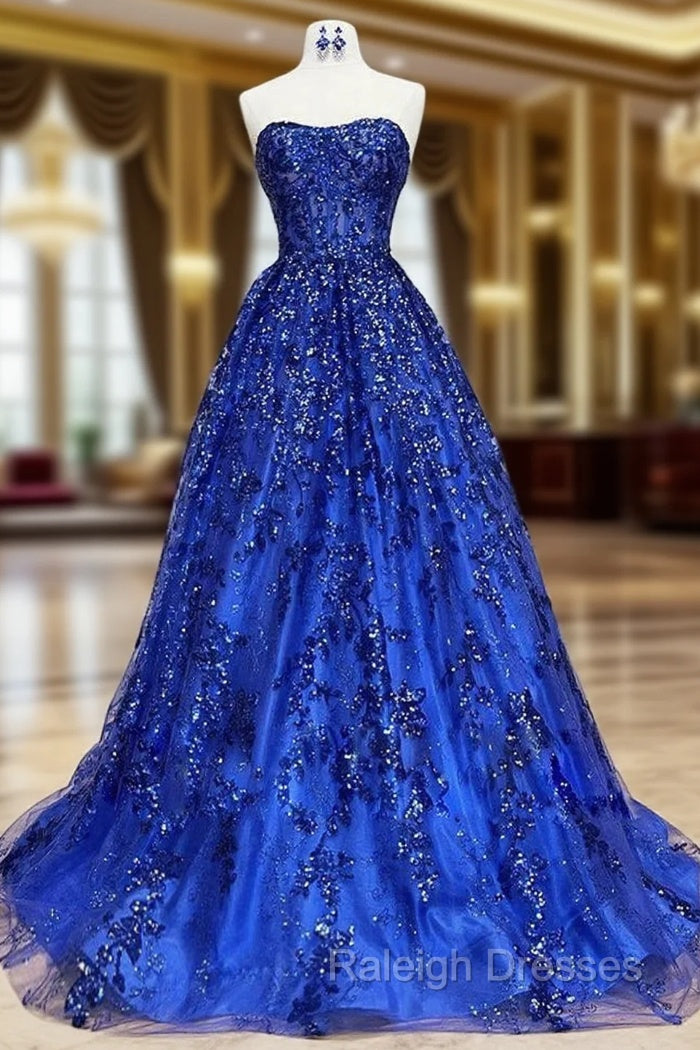A-Line Sweetheart Neck Tulle Sequin Blue Long Prom Dress, Blue Long Formal Dress Main image